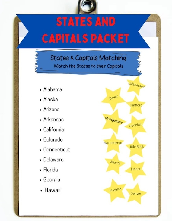 Fifth grade student writing state capitals next to their states on a geography handwriting worksheet number 24