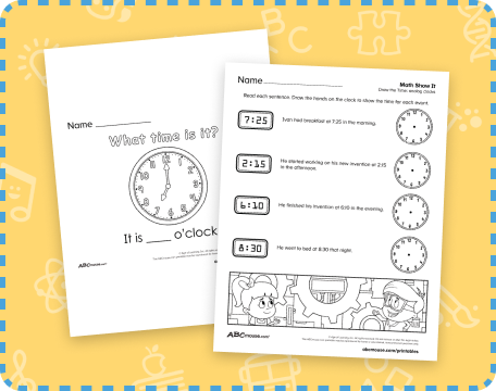 A kindergarten worksheet featuring Melissa Mouse helping children learn to tell time on an analog clock