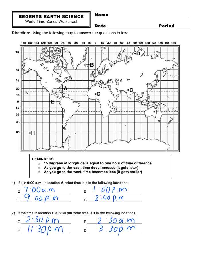 Third grade math worksheet for calculating time differences across global time zones