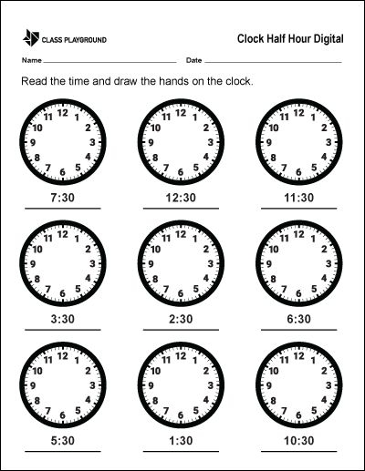 First grade math worksheet for matching analog clocks to the correct time on the hour