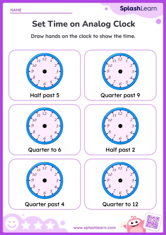 First grade math worksheet featuring clocks to help students practice telling time on the hour
