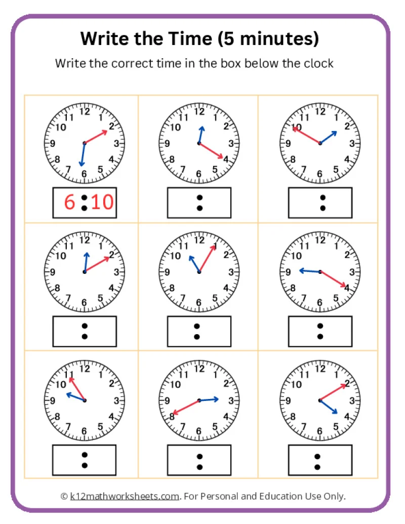 Kindergarten student identifying hours on a printable Match the Clock worksheet