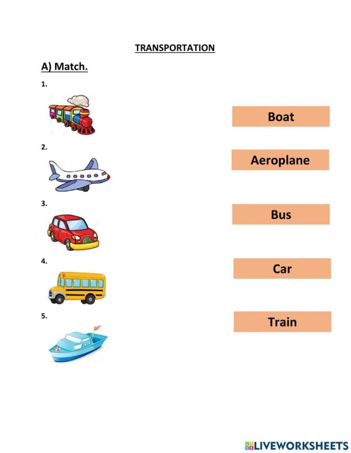 Engaging transportation matching activity for preschool children Worksheet for young learners to connect individuals with their transportation modes