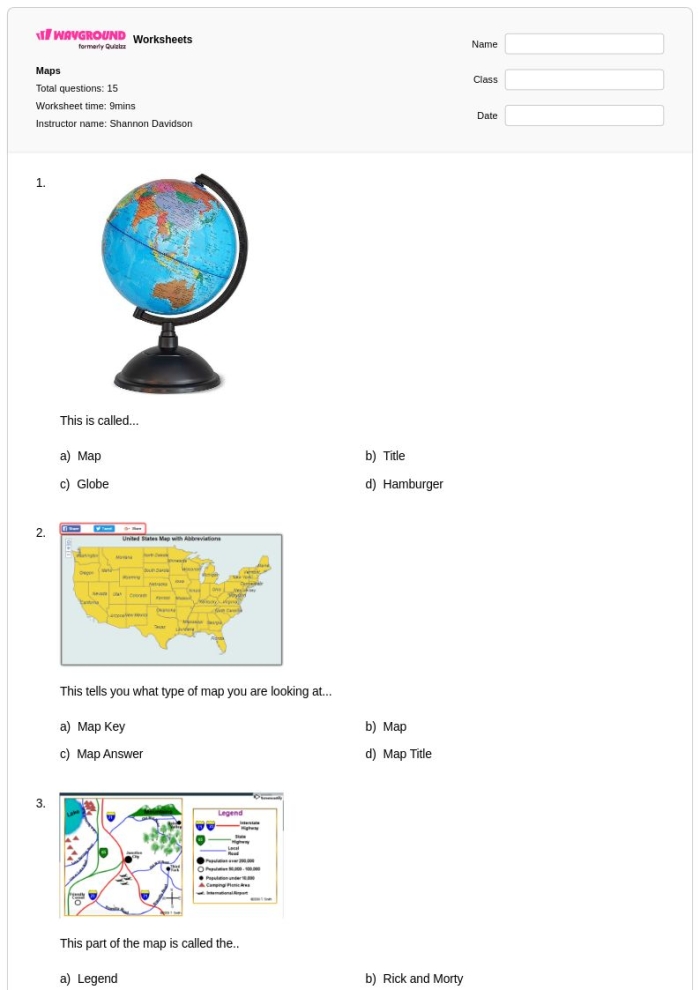 Second grade student filling out a Learning About Maps! worksheet to practice reading informational text