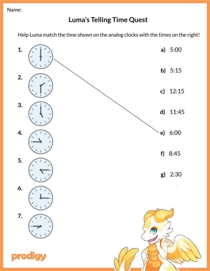 Learning to Tell Time worksheet for first graders featuring an analog clock