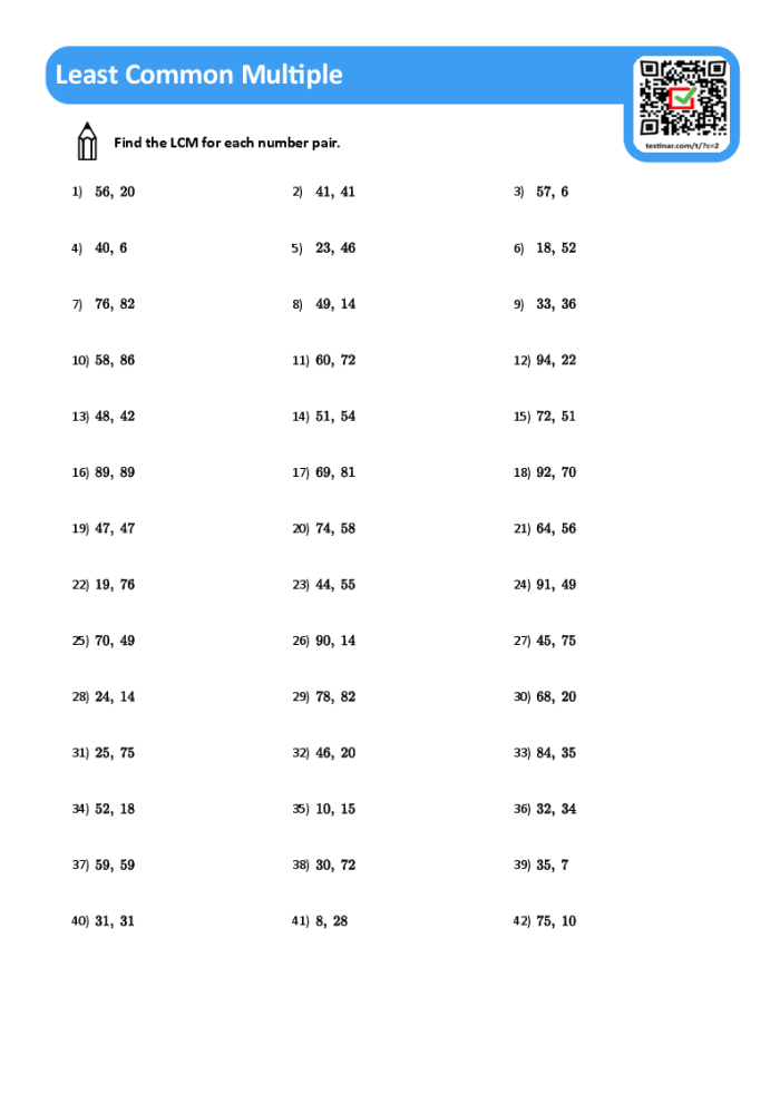 Fifth grade math worksheet focused on calculating the least common multiple for various whole numbers