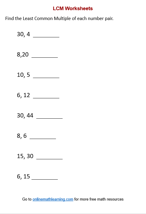 Least Common Multiple: Part 1 worksheet for Fifth Grade