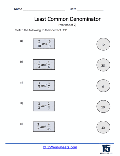 Fifth grade math worksheet focused on calculating the least common multiple for various sets of whole numbers