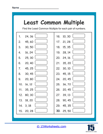 Fifth grade math worksheet focused on calculating the least common multiple of whole numbers part one