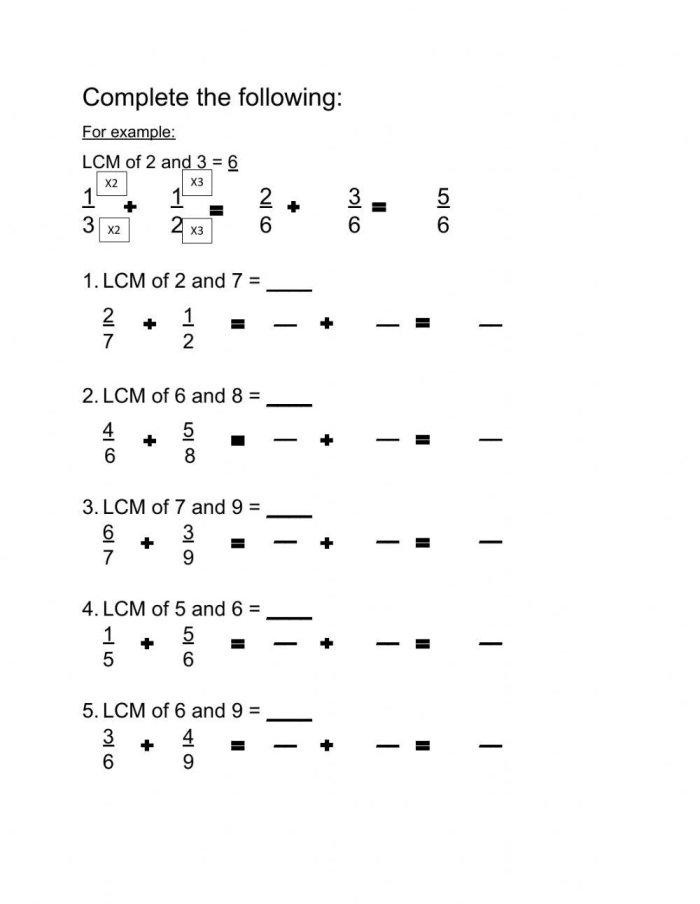 Fifth grade math worksheet focused on practicing how to find the least common multiple of whole numbers
