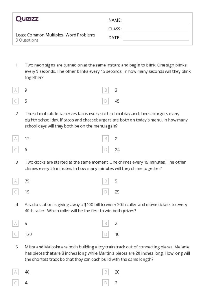 Fifth grade math worksheet focused on calculating the least common multiple of whole numbers