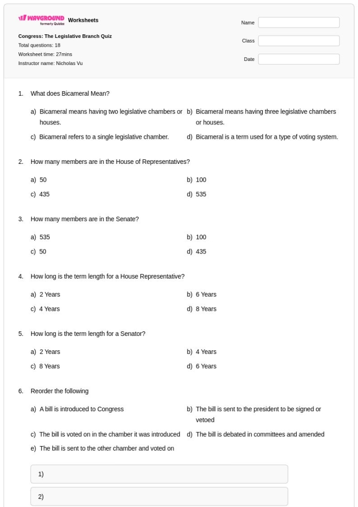 The Legislative Branch: Two Chambers of Congress Worksheet for Grade 6 Sixth grade students reviewing a civics worksheet about the two chambers of Congress and the legislative branch of government