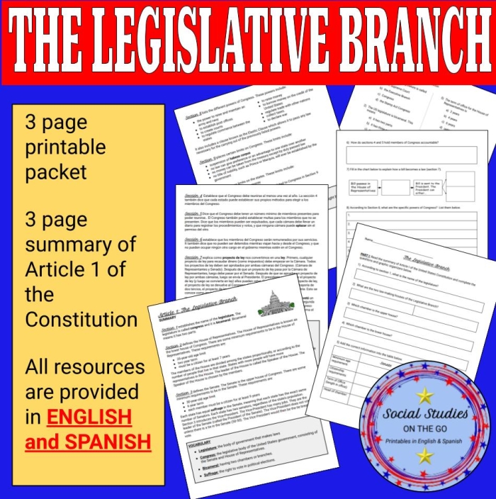Educational civics worksheet covering the two chambers of Congress for sixth grade students Sixth grade worksheet activity detailing the structure and functions of the House and Senate in the U.S. legislative branch