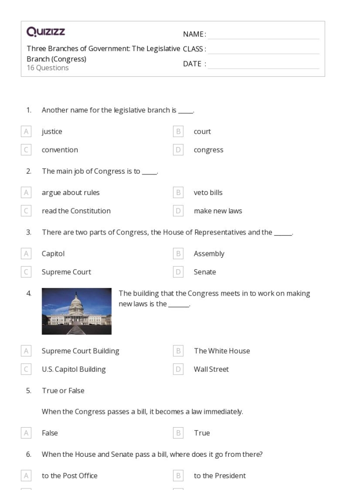 The Legislative Branch Two Chambers of Congress Learning Activity for Middle School Civics Sixth grade students studying the two chambers of Congress and legislative branch structure on a civics worksheet