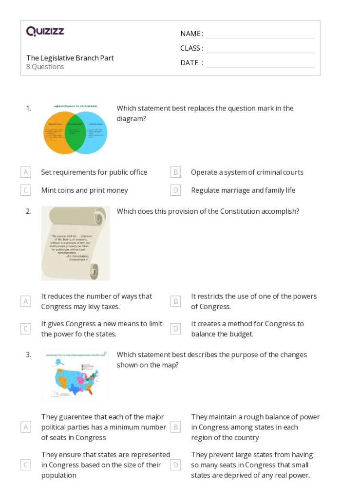 Sixth grade social studies worksheet covering the role of the legislative branch of government