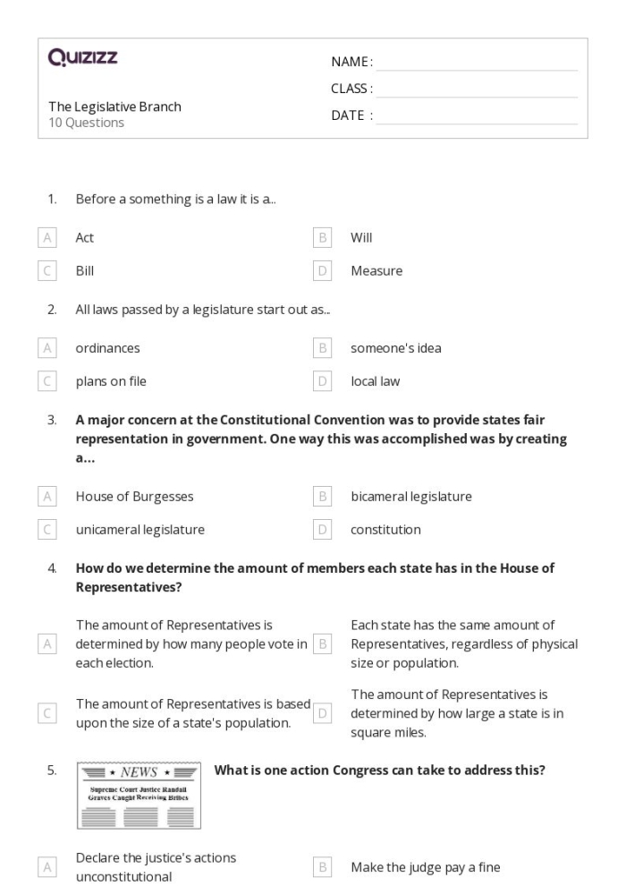 The Legislative Branch: Two Chambers of Congress Worksheet for Sixth Grade Civics Education Students studying the structure and functions of the two chambers of Congress in a civics lesson on the legislative branch