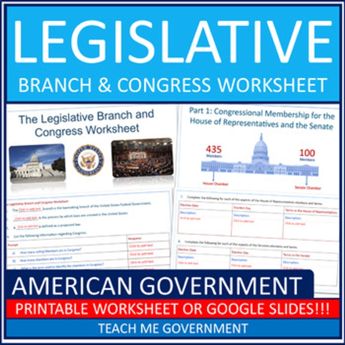 The Legislative Branch Two Chambers of Congress worksheet for sixth graders Sixth grade social studies worksheet covering the House of Representatives and the Senate structure of Congress