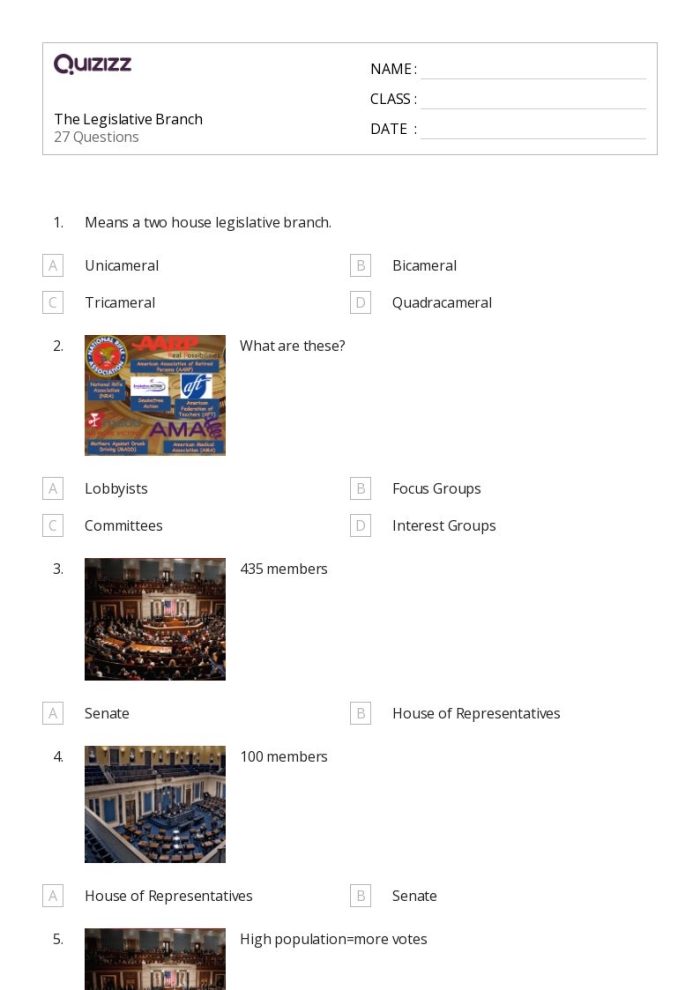 The Legislative Branch Two Chambers of Congress Worksheet Number Ten Sixth grade students completing a worksheet about the legislative branch and the two chambers of Congress