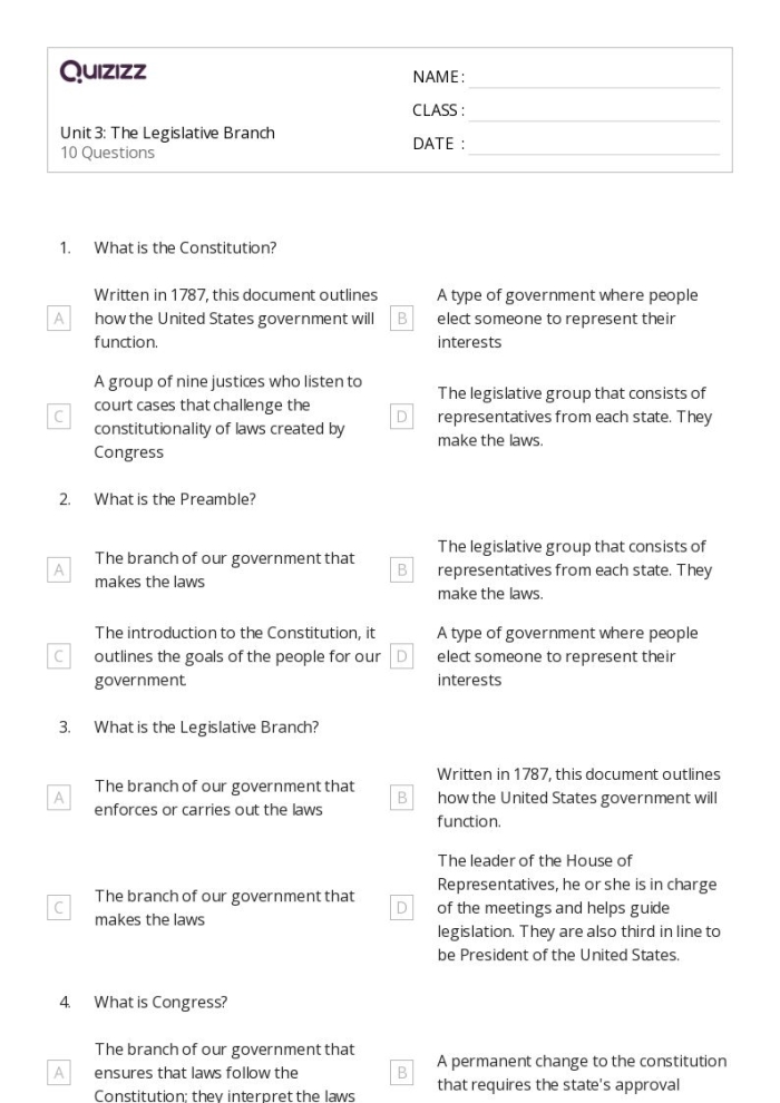 Sixth grade students learning about the legislative branch structure and responsibilities through a graphic organizer worksheet