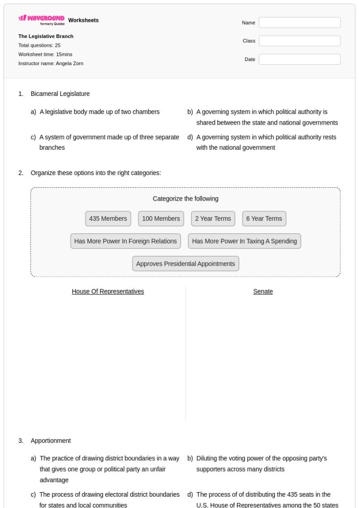 Sixth grade students completing a graphic organizer worksheet about the legislative branch of government