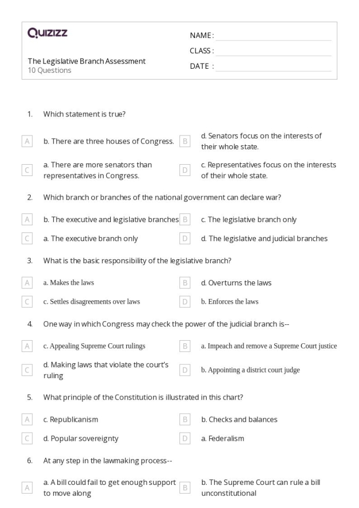 Sixth grade worksheet on the legislative branch of government featuring a graphic organizer for social studies lesson 11