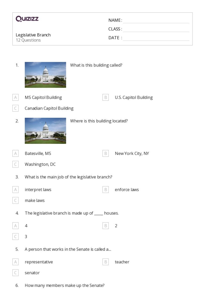 Sixth grade students completing a graphic organizer worksheet about the legislative branch of government and its roles