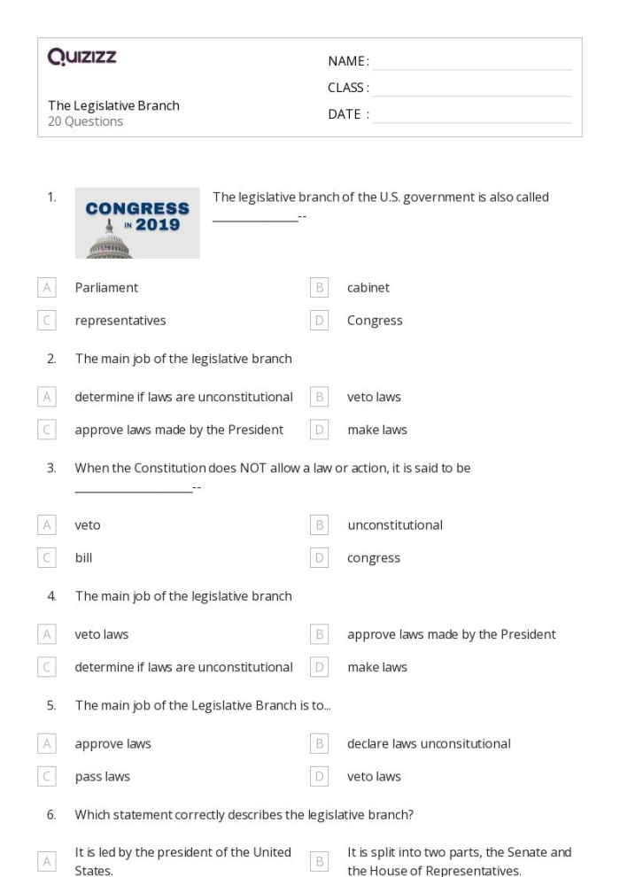 Sixth grade students completing a graphic organizer worksheet about the legislative branch of government