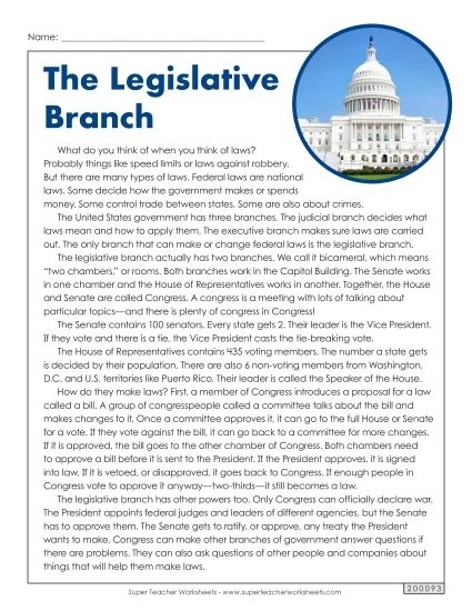 Sixth grade student worksheet graphic organizer detailing the functions and roles of the federal legislative branch