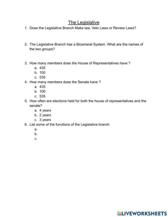 Sixth grade social studies worksheet covering the role of the legislative branch for number 23