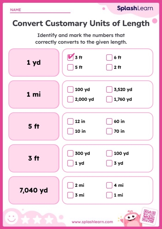 Fifth grade math worksheet for converting customary units of length including inches feet and yards
