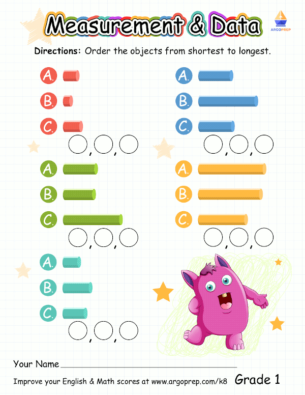 First grade students practicing ordering objects from shortest to longest on a measurement worksheet