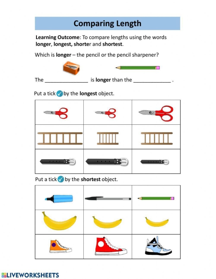 First grade student worksheet for ordering objects from shortest to longest length