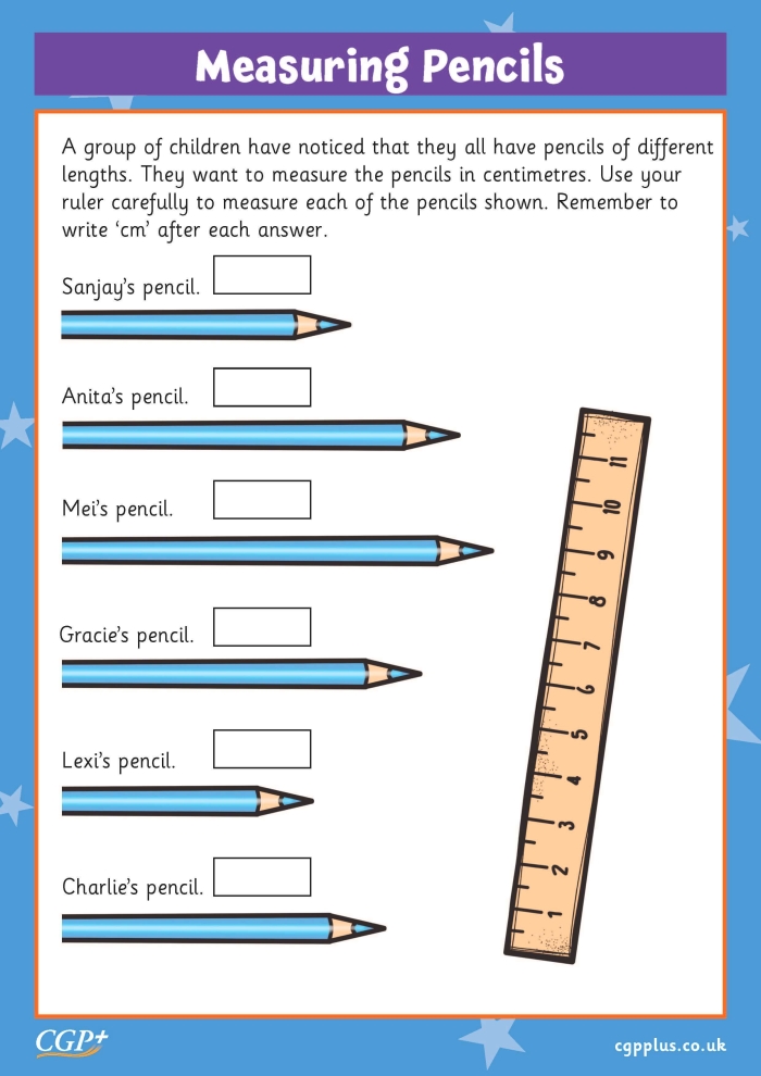 Colorful worksheet for first graders practicing measurement skills with a ruler