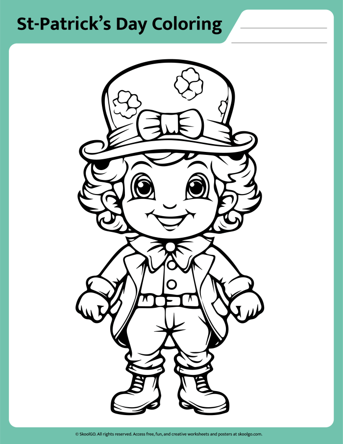 First grade student coloring a festive leprechaun worksheet for St. Patrick's Day grammar lesson 19