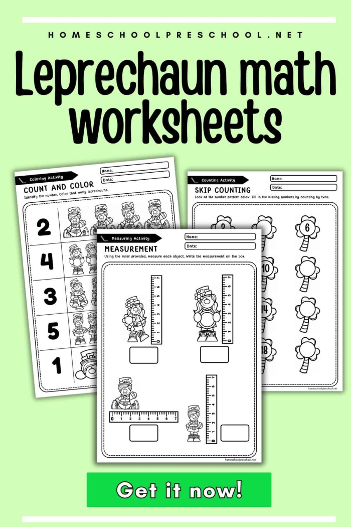 Leprechaun Match Activity 14 for Teaching Ratios and Proportions Kindergarten student matching pairs of leprechauns with different hats and accessories on a colorful worksheet