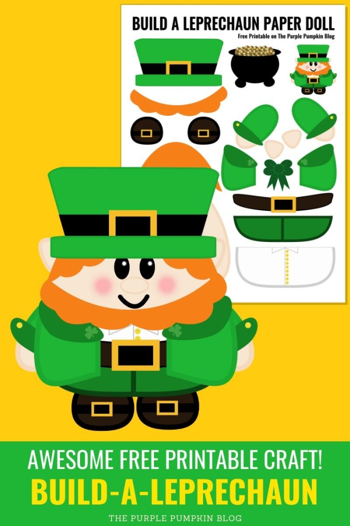 Colorful paper doll of a leprechaun designed for educational fun in grammar and mechanics Leprechaun Paper Doll worksheet for kindergarten students celebrating St. Patrick's Day