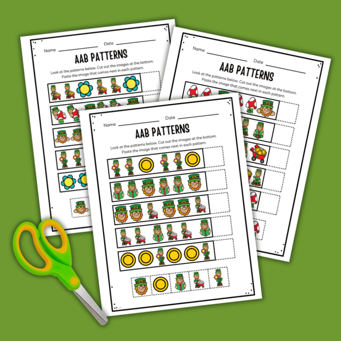 Leprechaun Match Activity 11 for Teaching Equal Groups and Matching Pairs Kindergarten student matching pairs of leprechauns with different hats and clothing on a ratios and proportions worksheet