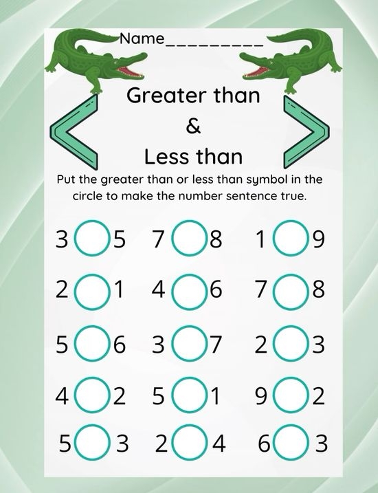 Kindergarten worksheet demonstrating less than and greater than concepts with colorful objects