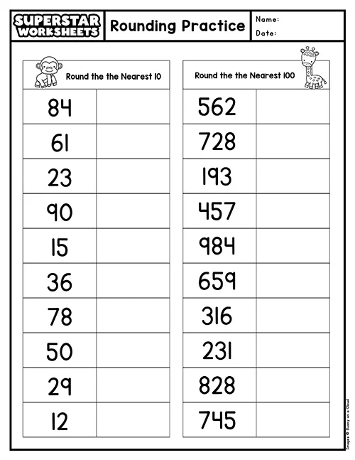 Kids engaging with the Let's Go Rounding! worksheet to practice rounding numbers. Educational worksheet for third graders focusing on rounding to the nearest ten and hundred.