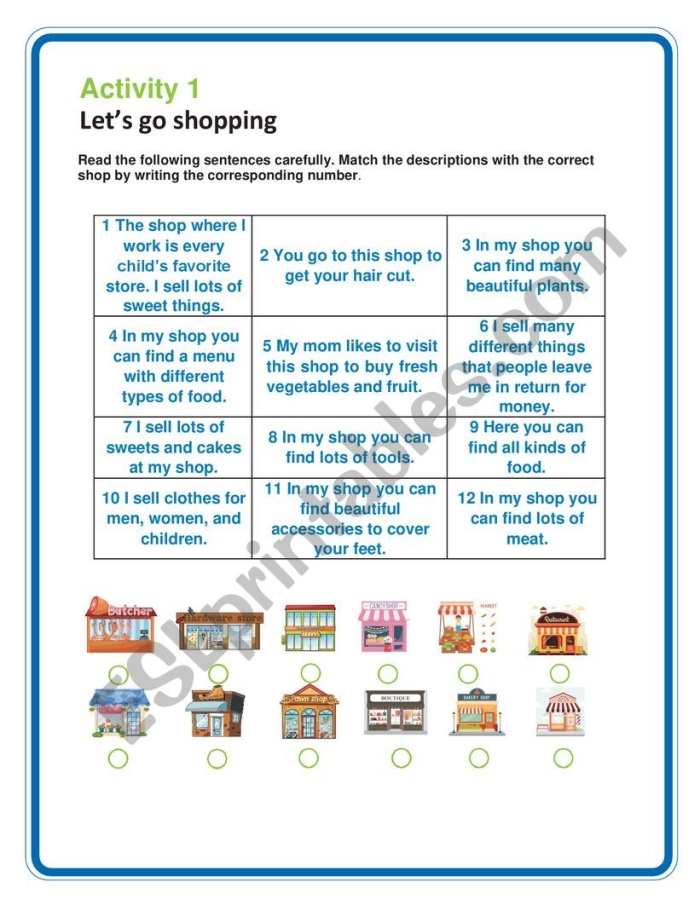 Let's Go Shopping! worksheet focusing on percentages and discounts Worksheet for sixth graders to practice calculating discounts on merchandise