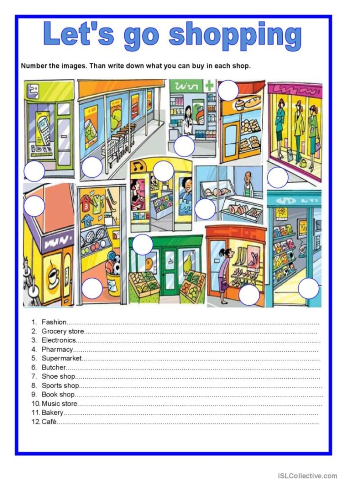 Educational resource for sixth-grade students focusing on percentages and shopping skills. Worksheet for calculating discount prices on merchandise titled "Let's Go Shopping!