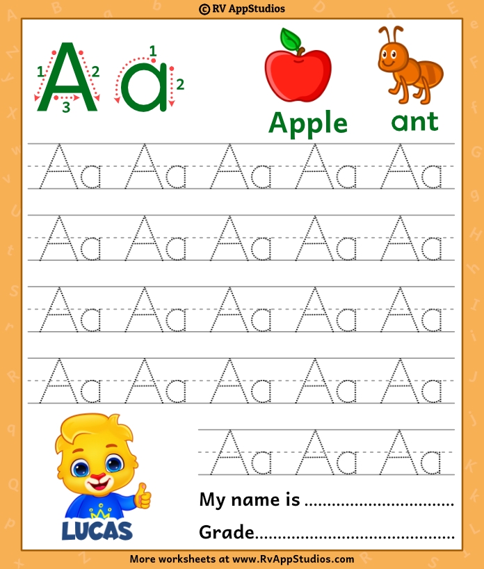 Pre-K reading worksheet featuring apples to color for practicing uppercase and lowercase letter A