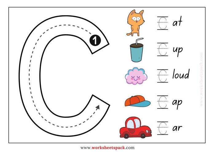 Letter A activity sheet for finding and learning words that begin with A in pre-K classrooms Preschool letter A worksheet with pictures and words starting with the letter A for early learners to identify and trace