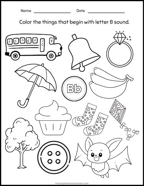 Letter B Vocabulary Building Activity Worksheet Number 20 Preschool worksheet featuring a large letter B to color and find words that start with the letter B sound