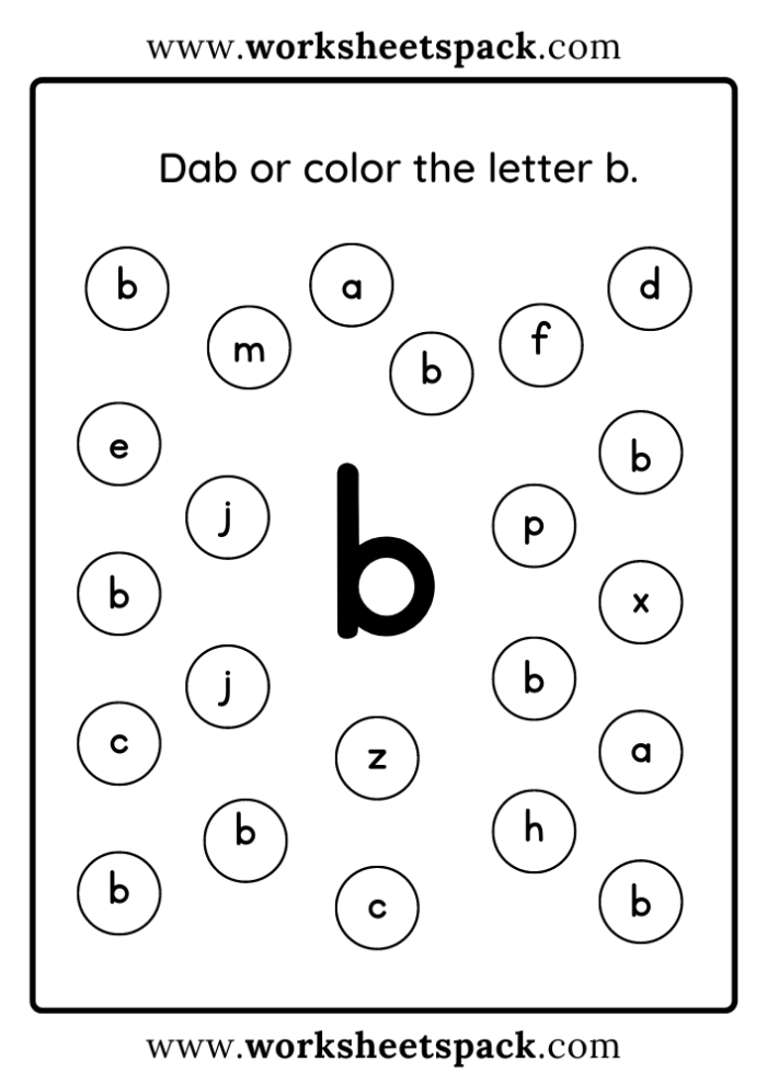 Preschool worksheet featuring the letter B for coloring practice and early alphabet learning
