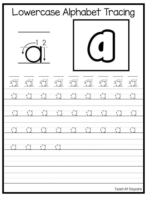 Child tracing lowercase letters b, d, and p on a handwriting practice worksheet with dotted lines