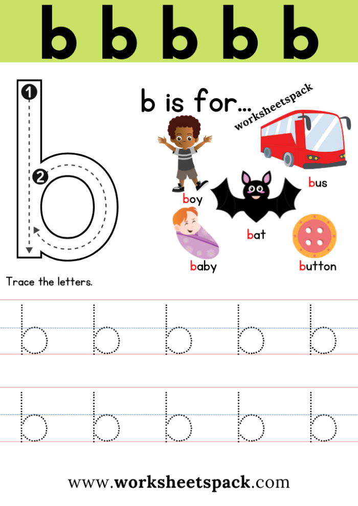 Pre-K alphabet worksheet featuring the letter B with colorful illustrations for early reading practice