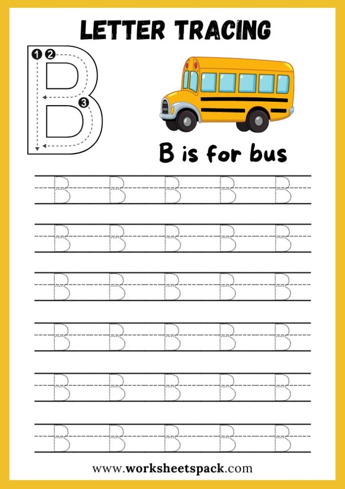 Pre-K letter B tracing practice worksheet for developing fine motor skills