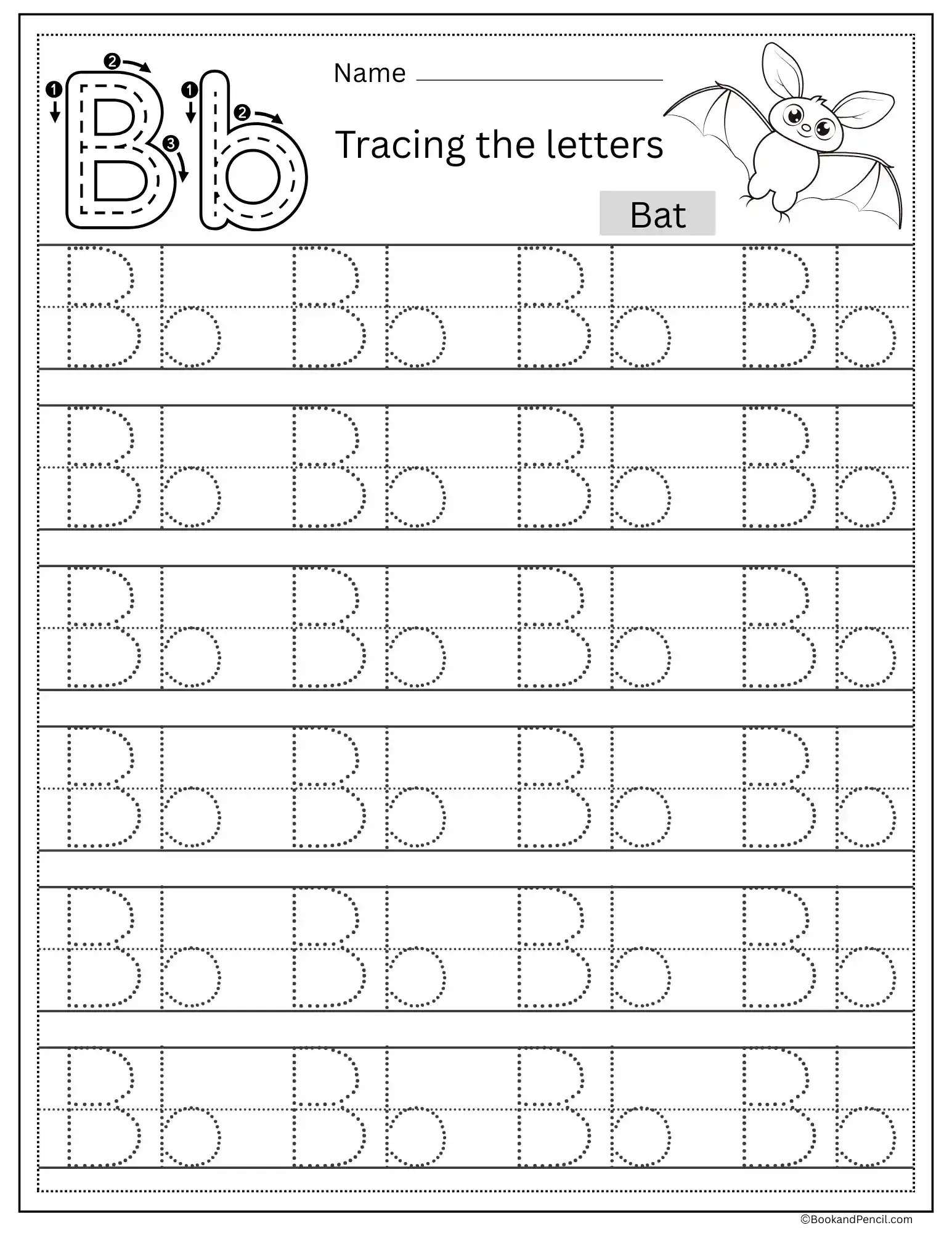 Letter B tracing practice worksheet for prekindergarten students to improve fine motor skills. Engaging worksheet focused on helping kids learn to write the letter B correctly.