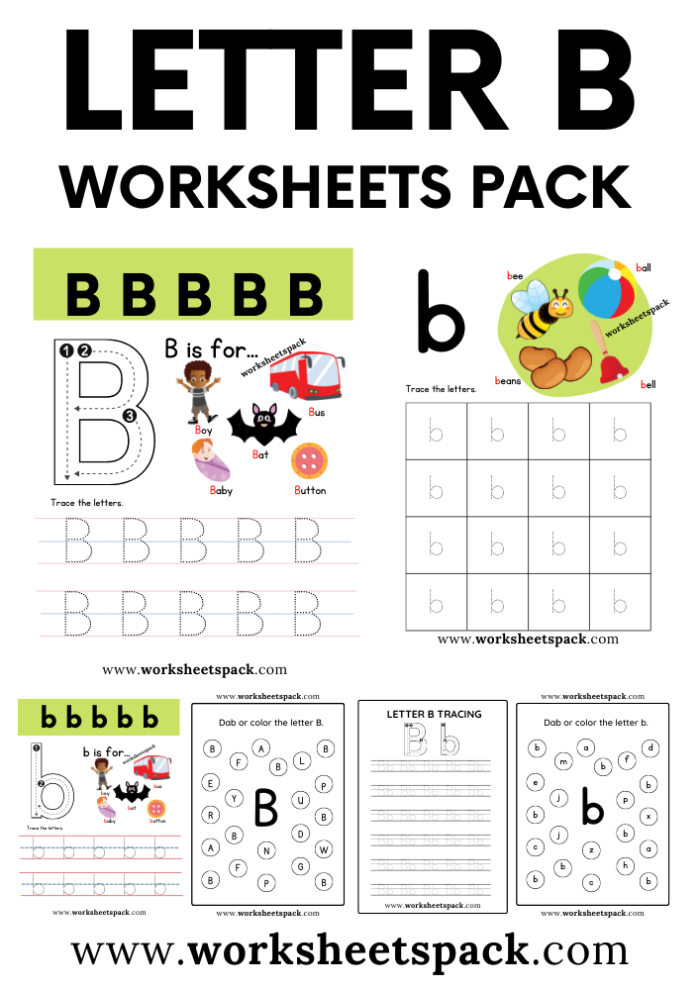 Colorful alphabet worksheet showing the letter B with pictures and activities for preschool learners
